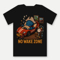 Barnacle No Wake Zone Tee by Salty Kraken Attire – back view, Barnacle, a happy cartoon octopus, fast asleep in a race-car bed with No Wake Zone lettering