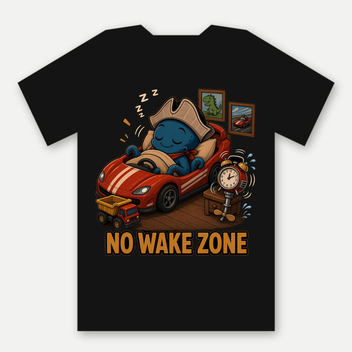 Barnacle No Wake Zone Tee by Salty Kraken Attire – back view, Barnacle, a happy cartoon octopus, fast asleep in a race-car bed with No Wake Zone lettering