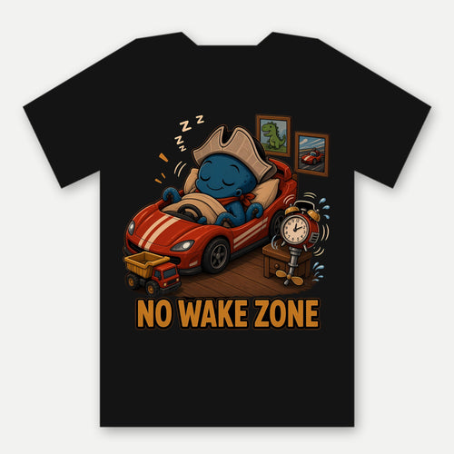 Barnacle No Wake Zone Tee by Salty Kraken Attire – back view, Barnacle, a happy cartoon octopus, fast asleep in a race-car bed with No Wake Zone lettering