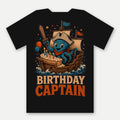 Birthday Captain Tee by Salty Kraken Attire – back view, Barnacle, a happy cartoon octopus, celebrating with a birthday cake and Birthday Captain lettering