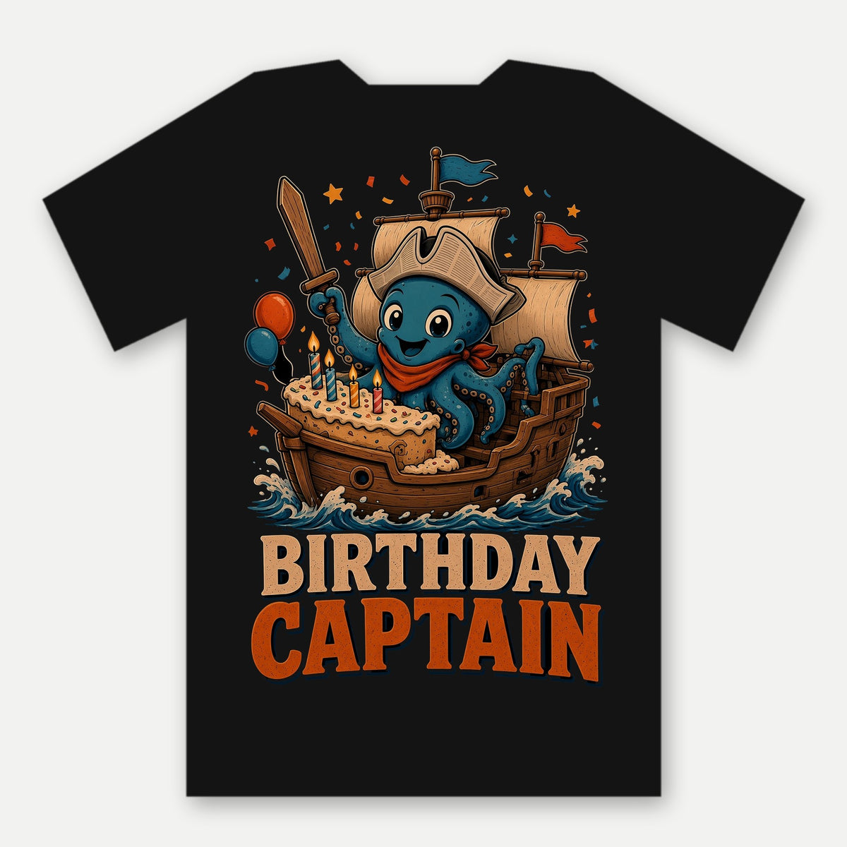 Birthday Captain Tee by Salty Kraken Attire – back view, Barnacle, a happy cartoon octopus, celebrating with a birthday cake and Birthday Captain lettering