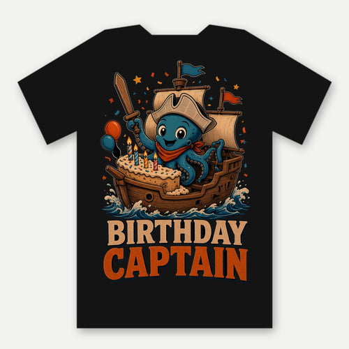 Birthday Captain Tee by Salty Kraken Attire – back view, Barnacle, a happy cartoon octopus, celebrating with a birthday cake and Birthday Captain lettering