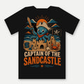 Captain of the Sandcastle Kids Tee by Salty Kraken Attire – back view, Barnacle, a happy cartoon octopus in a paper pirate hat, on top of a sandcastle with Captain of the Sandcastle lettering
