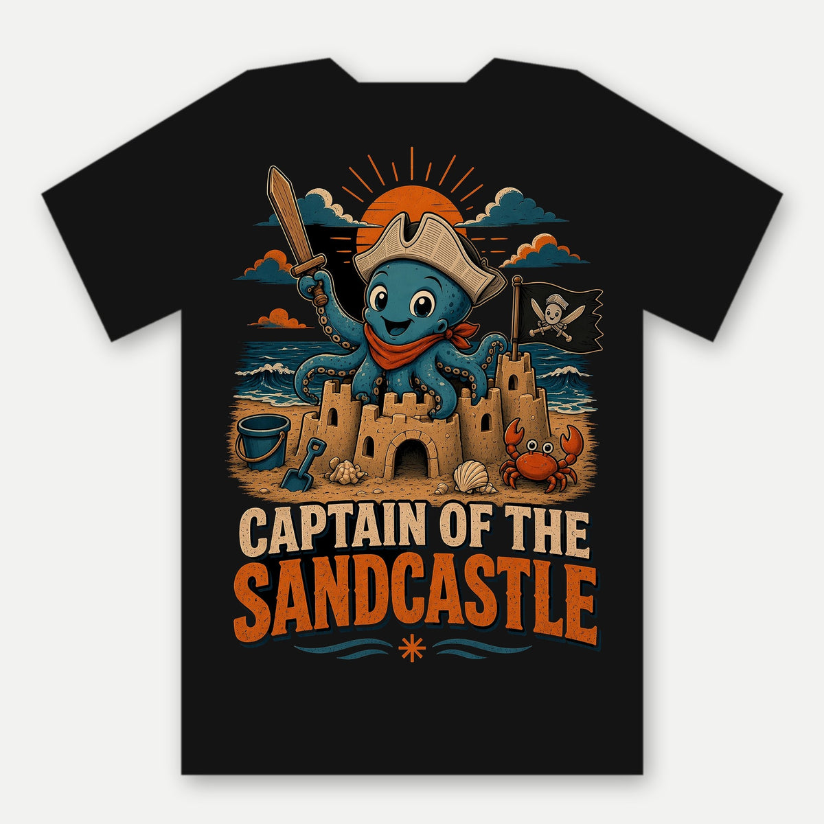 Captain of the Sandcastle Kids Tee by Salty Kraken Attire – back view, Barnacle, a happy cartoon octopus in a paper pirate hat, on top of a sandcastle with Captain of the Sandcastle lettering