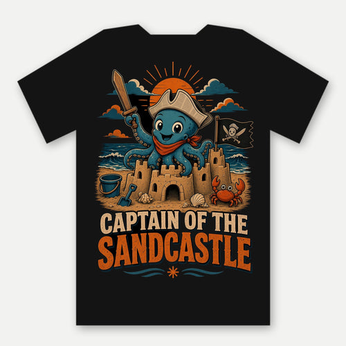 Captain of the Sandcastle Kids Tee by Salty Kraken Attire – back view, Barnacle, a happy cartoon octopus in a paper pirate hat, on top of a sandcastle with Captain of the Sandcastle lettering