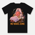 Pearl No Wake Zone Tee by Salty Kraken Attire – back view, Pearl, a happy pink cartoon octopus, fast asleep in a canopy bed with No Wake Zone lettering