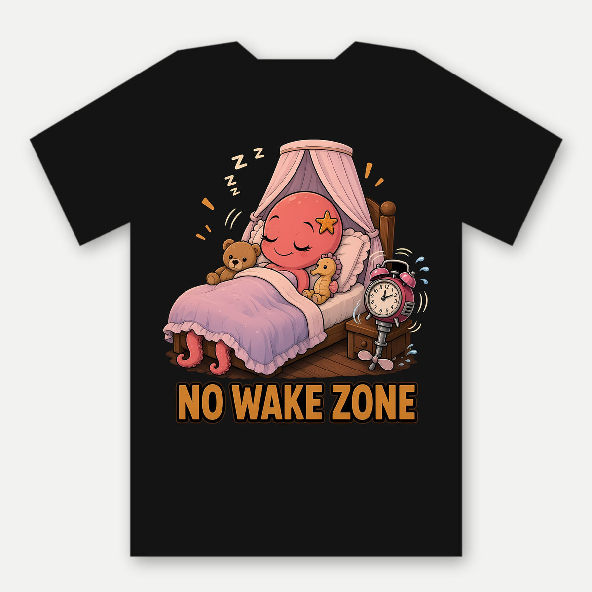 Pearl No Wake Zone Tee by Salty Kraken Attire – back view, Pearl, a happy pink cartoon octopus, fast asleep in a canopy bed with No Wake Zone lettering