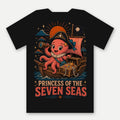 Princess of the Seven Seas Kids Tee by Salty Kraken Attire – back view, Pearl, a happy pink cartoon octopus in a pirate hat and tiara, with Princess of the Seven Seas lettering
