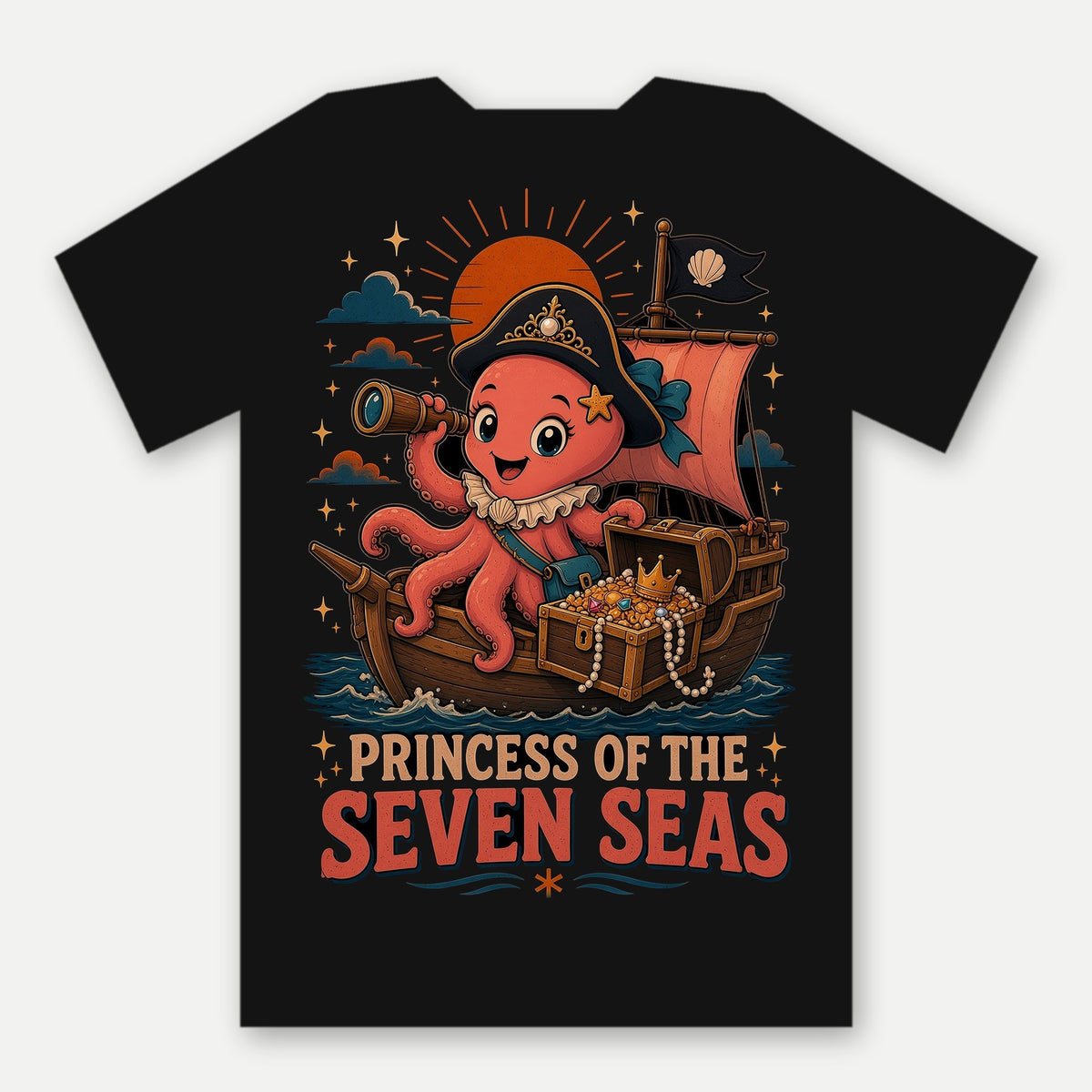 Princess of the Seven Seas Kids Tee by Salty Kraken Attire – back view, Pearl, a happy pink cartoon octopus in a pirate hat and tiara, with Princess of the Seven Seas lettering