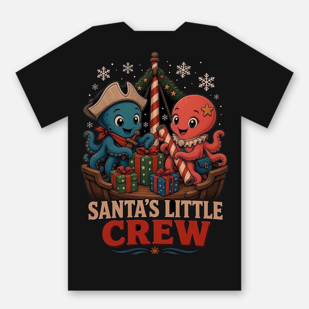 Santa's Little Crew Tee by Salty Kraken Attire – back view, Barnacle and Pearl, happy cartoon octopuses, wrapping presents with Santa's Little Crew lettering