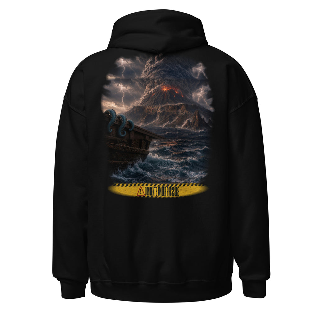 Contents Under Pressure Men's Hoodie by Salty Kraken Attire – back view, Salty Kraken in a stormy deep-sea scene above a Contents Under Pressure banner, black