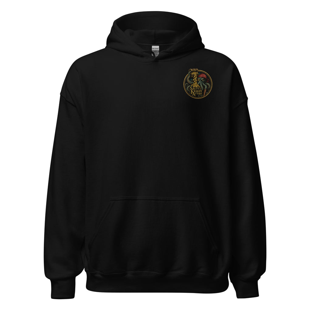 Contents Under Pressure Men's Hoodie by Salty Kraken Attire – front view, Salty Kraken Attire logo on the left chest, black