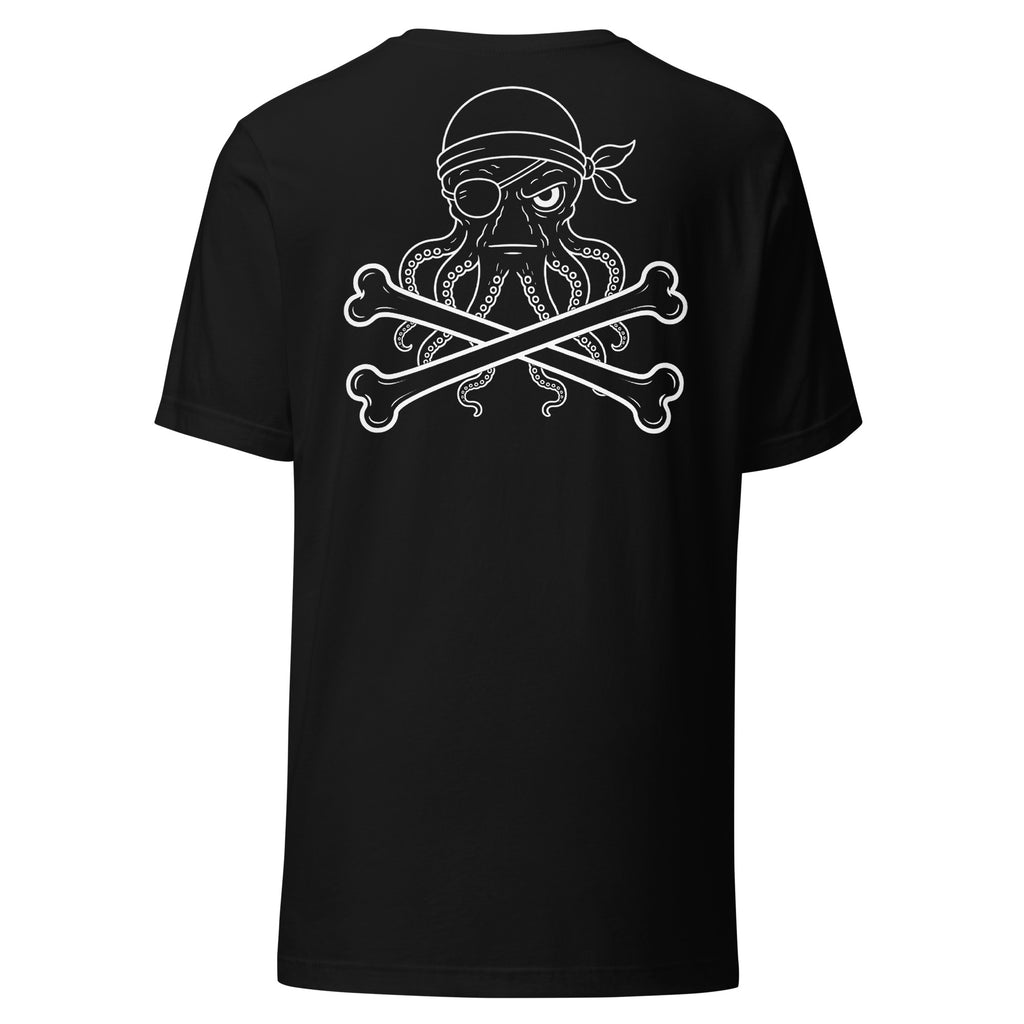Salty Kraken Jolly Roger Tee by Salty Kraken Attire – back view, Salty Kraken Jolly Roger pirate flag with crossed bones in white line art, black