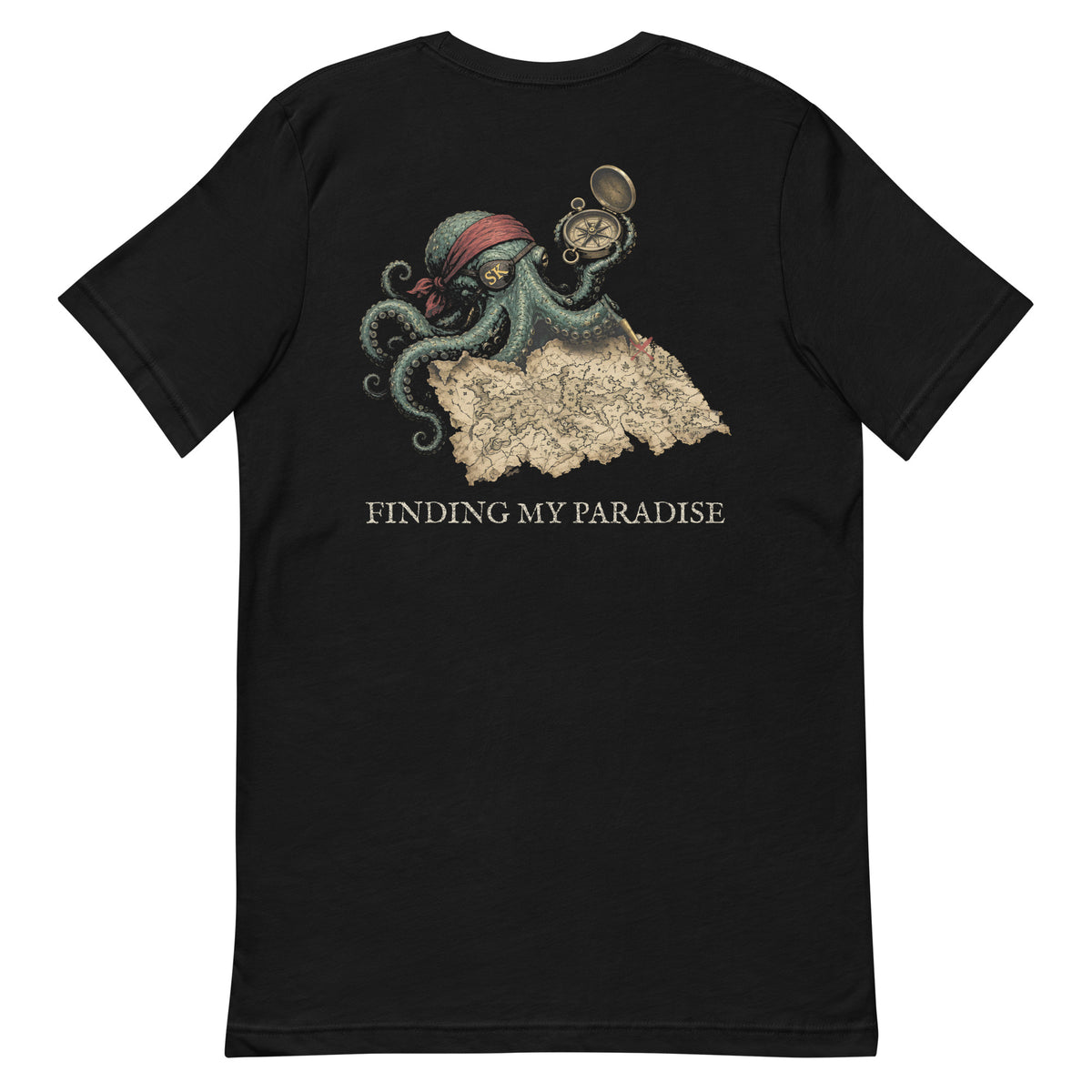 Finding My Paradise Tee by Salty Kraken Attire – back view, Salty Kraken on a sandy island scene with Finding My Paradise lettering, black
