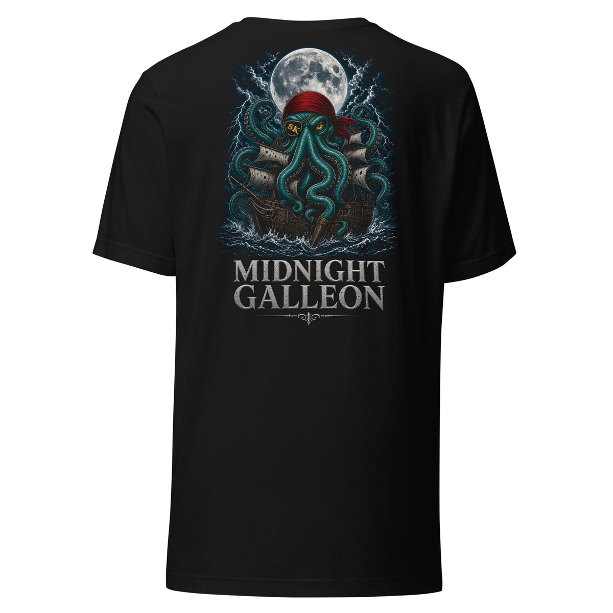 Midnight Galleon Special Edition Tee by Salty Kraken Attire – back view, Salty Kraken and a galleon under a midnight sky with Midnight Galleon lettering, black