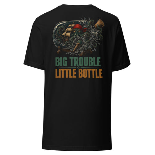 Big Trouble Little Bottle Tee by Salty Kraken Attire – back view, Salty Kraken in a ship-in-a-bottle scene with Big Trouble Little Bottle lettering, black