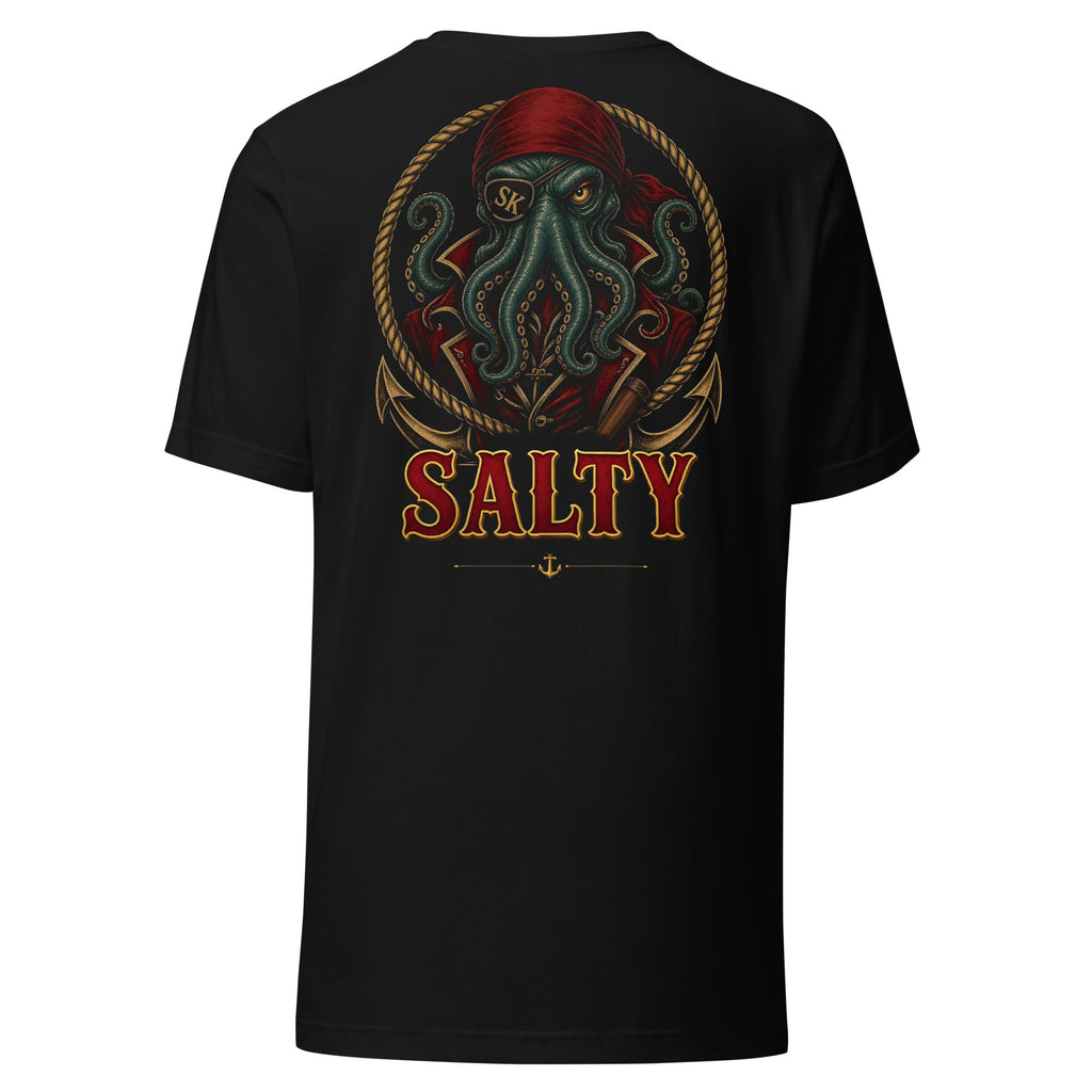 Salty Tee by Salty Kraken Attire – back view, Salty Kraken in an ornate badge with Salty lettering, black