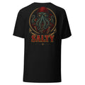 Salty Tee by Salty Kraken Attire – back view, Salty Kraken in an ornate badge with Salty lettering, black