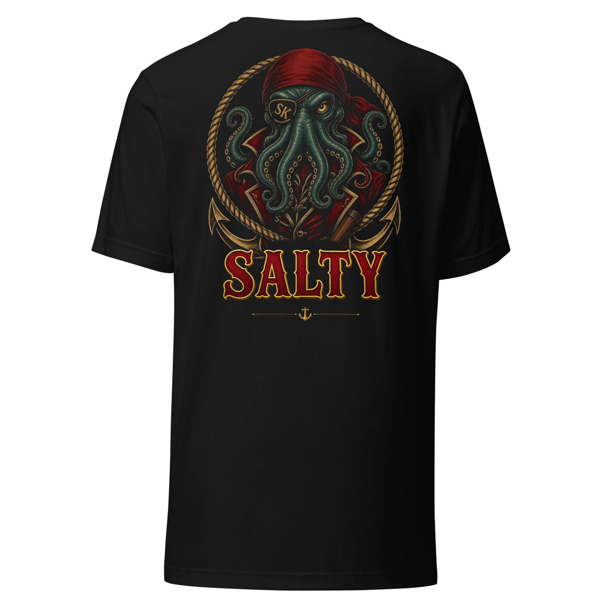 Salty Tee by Salty Kraken Attire – back view, Salty Kraken in an ornate badge with Salty lettering, black