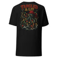 Tangled & Lit Tee by Salty Kraken Attire – back view, Salty Kraken wrapped in Christmas lights with Tangled & Lit lettering, black