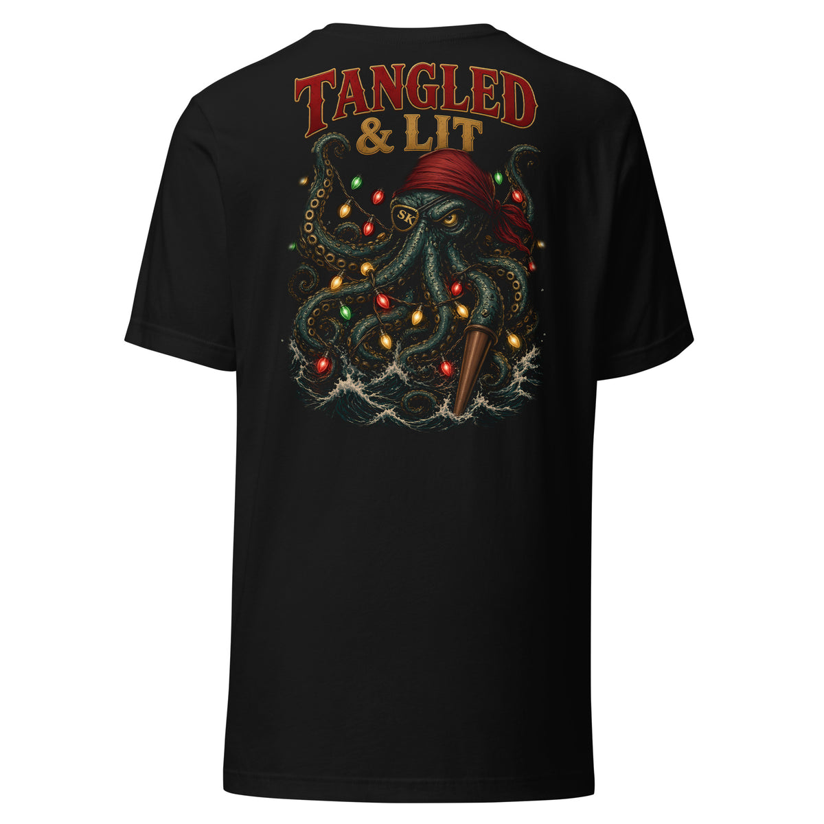 Tangled & Lit Tee by Salty Kraken Attire – back view, Salty Kraken wrapped in Christmas lights with Tangled & Lit lettering, black