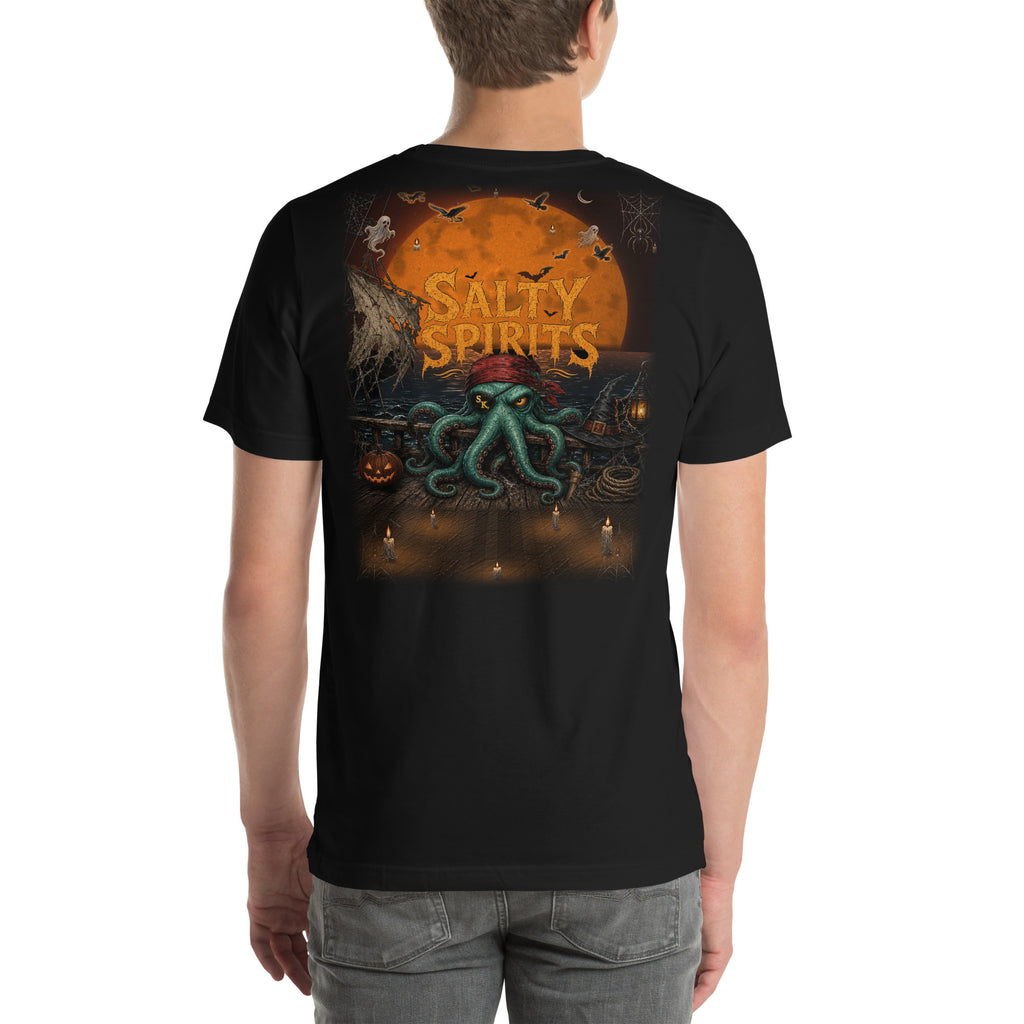 Salty Spirits Halloween Edition Special Edition Tee by Salty Kraken Attire – back view, Salty Kraken on a moonlit ghost ship with Salty Spirits lettering, black