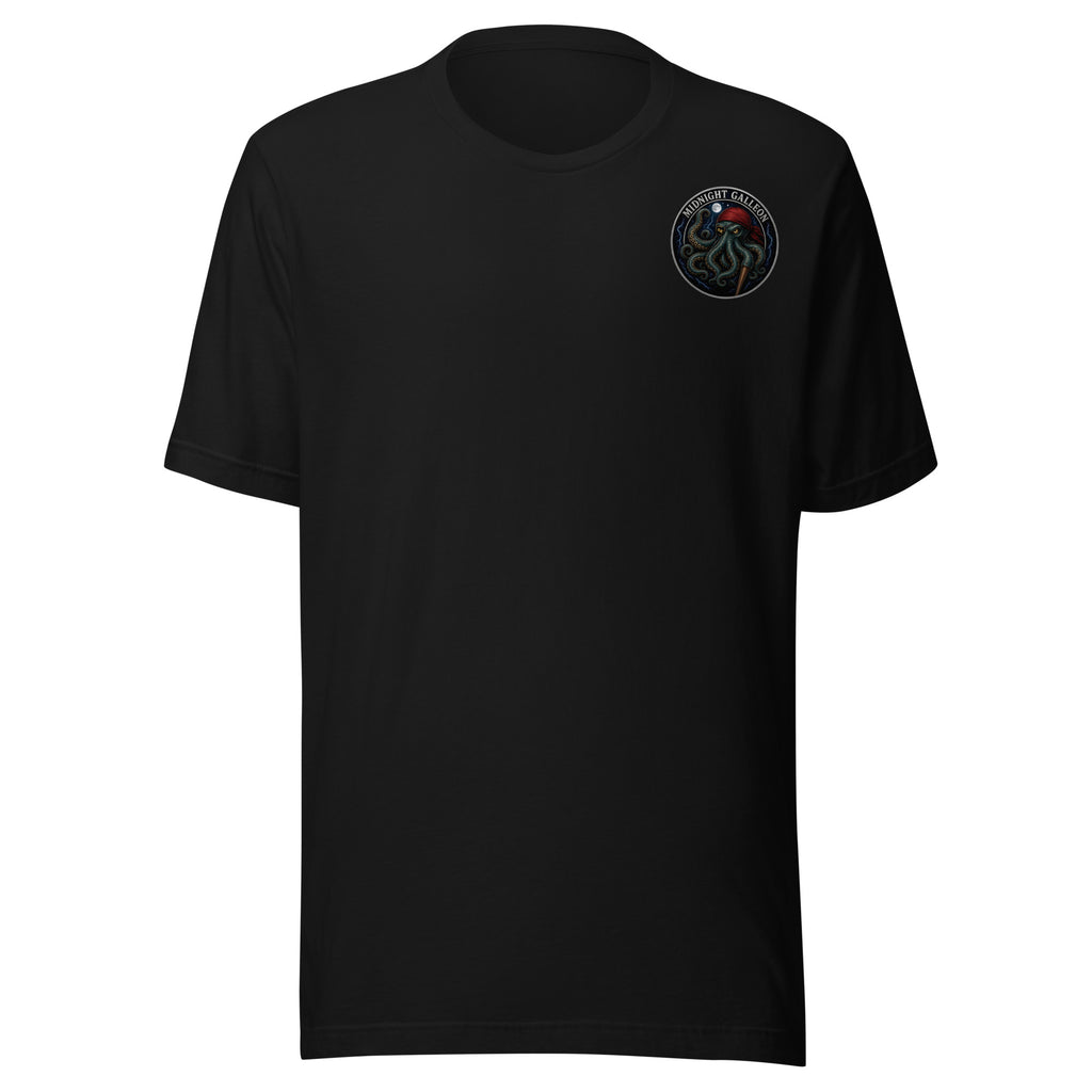 Midnight Galleon Special Edition Tee by Salty Kraken Attire – front view, Salty Kraken Attire logo on the left chest, black