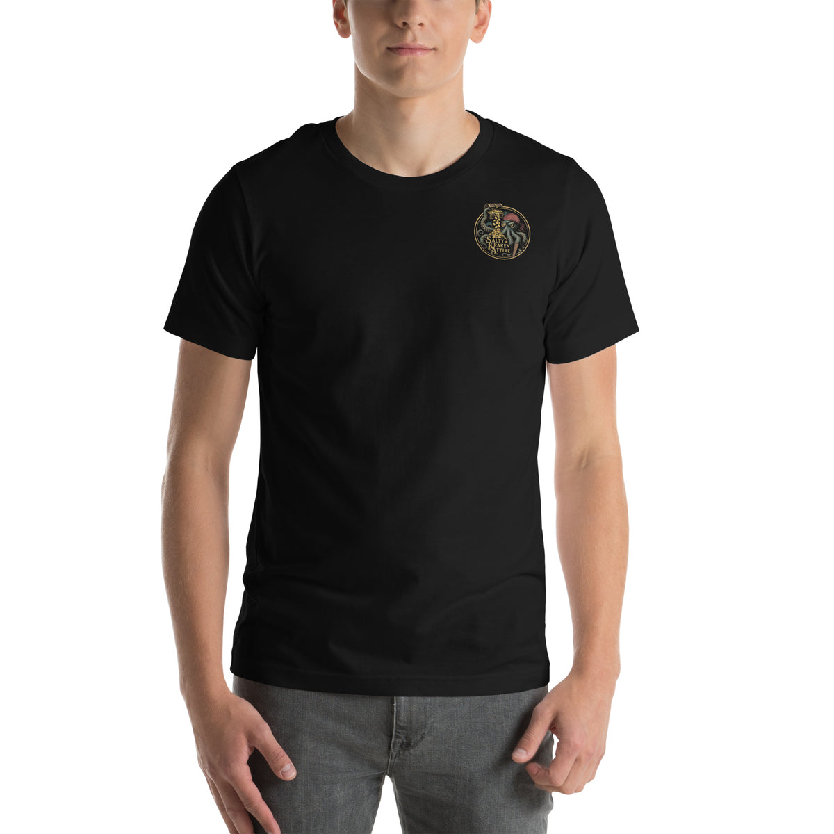 Salty Spirits Halloween Edition Special Edition Tee by Salty Kraken Attire – front view, Salty Kraken Attire logo on the left chest, black