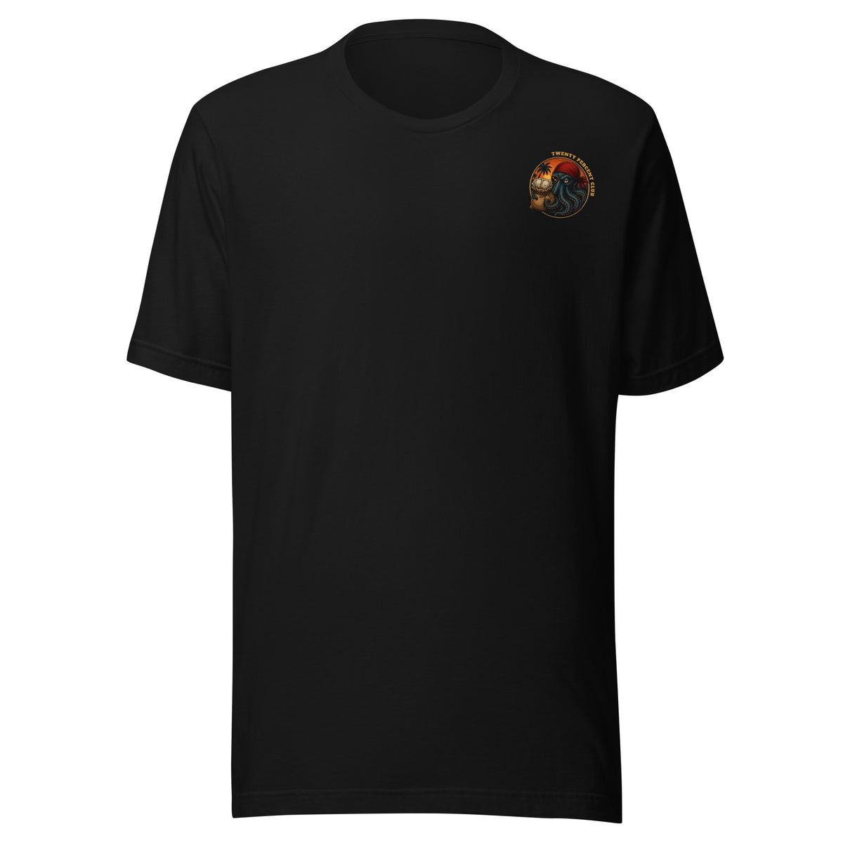 Earning Twenty Percent Tee - Special Edition, front view: Twenty Percent Club logo with Salty Kraken in his red bandana on the left chest of a black Bella+Canvas 3001 tee