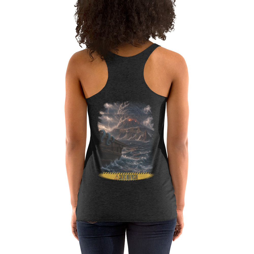 Contents Under Pressure Women's Racerback Tank by Salty Kraken Attire – back view, Salty Kraken in a stormy deep-sea scene above a Contents Under Pressure banner, black