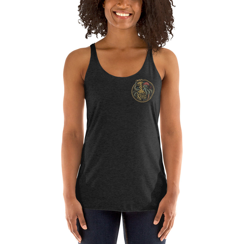 Contents Under Pressure Women's Racerback Tank by Salty Kraken Attire – front view, Salty Kraken Attire logo on the left chest, black
